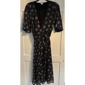 En Creme Women’s  Black Floral Maxi Wrap Around Dress Plunge Neckline Sz S